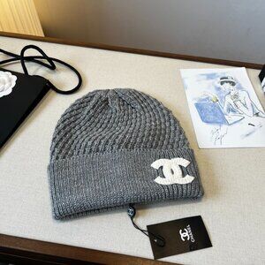 Chanel Gray Knit Beanie with Classic Logo